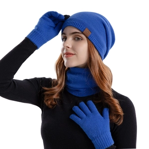 Winter 3-piece knit set including beanie, scarf and gloves in royal blue color