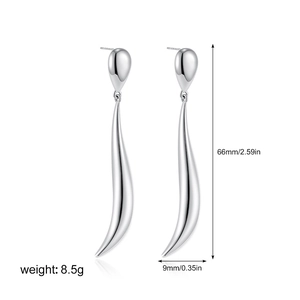 Detailed size and weight specs for long teardrop silver earrings measuring 66mm by 9mm