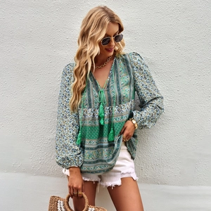 Bohemian Floral Print Blouse V Neck Tassel Tie Long Sleeve Polyester Relaxed Casual Top Women