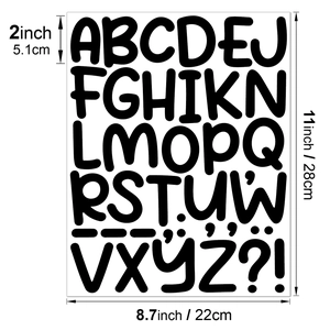 Detailed view of 2-inch black vinyl alphabet and number stickers on 11x8.7 inch sheet