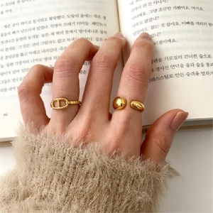 Minimalist 925 silver golden CD link ring and asymmetric ball open ring set for women