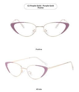 Cat eye glasses frames in purple and gold metal shown from front and side view