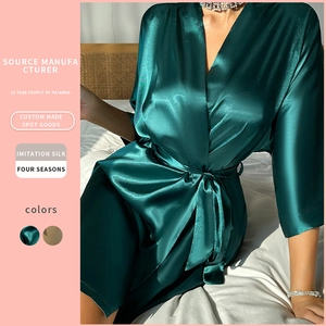 Peignoir En Satin Pour Femmes Col En V Ceinture Manches Longues Léger Vêtements De Nuit Chemise De Nuit Couleur Unie Soyeuse