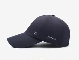 Detail showing the gray letter S print and reinforced stitching on a navy baseball cap