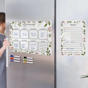 Weekly planner and notes board on fridge with magnetic markers and floral design
