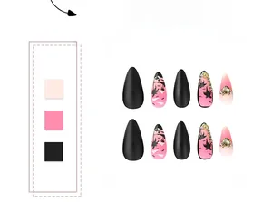 Flat lay of tropical pink and black press-on nails with 3D gold shells and pearls
