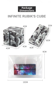 Detail showing infinite cube dimensions and packaging in open and closed states