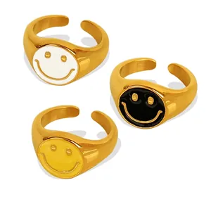 Adjustable 18K gold plated smiley face rings set in white, black and yellow enamel