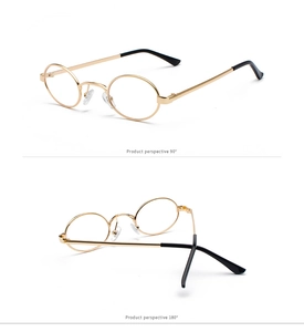 Detail showing vintage oval gold metal frames with sleek black temples from dual side angles