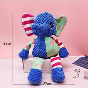 Blue and green plush elephant dog squeaky toy with textured fabric and 28cm height