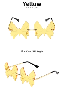 Detail view of yellow butterfly rimless sunglasses with gold metal temples from side angles