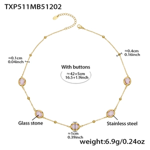 Detailed technical diagram showing 18k gold plated pink glass stone necklace dimensions
