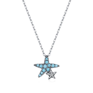 S925 sterling silver starfish necklace with turquoise bead and sparkling white zircon
