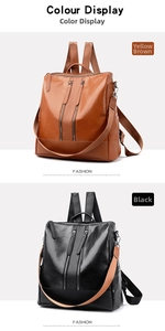 Vertical display of stylish PU leather backpacks in tan and black with dual zippers