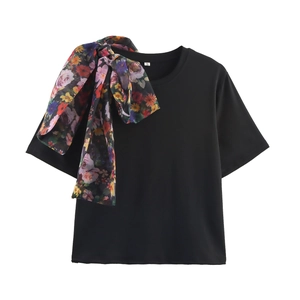 Women T-Shirt Round Neck Short Sleeve Colorful Floral Organza Bow Knot Loose Polyester Casual Summer Top