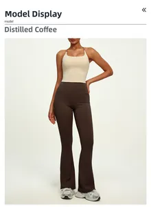 Detail view of high-waist flared yoga pants in espresso brown with a soft touch fabric