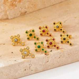 Vintage Byzantine Cross Earrings With Stainless Steel Earring Post Gold Plated Round Colorful Zircon Palace Style For Women