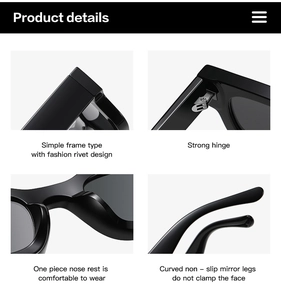Detail view of square punk sunglasses featuring metal hinges and rivet frame design