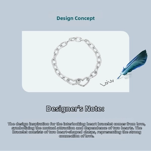 Artistic layout showing S925 sterling silver interlocking heart bracelet on a design card