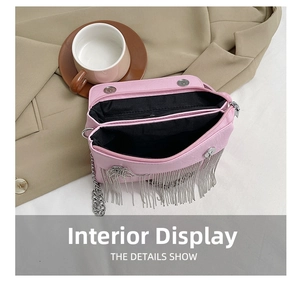 Detailed view of pink crossbody bag with dual zip compartments and silver fringe decor