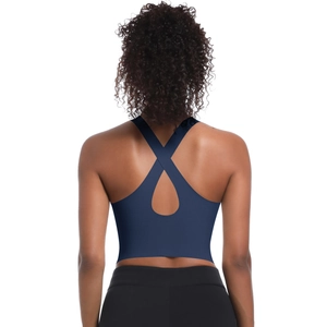 Détail du design dos croisé ajouré sur une brassière de sport bleu foncé sans couture