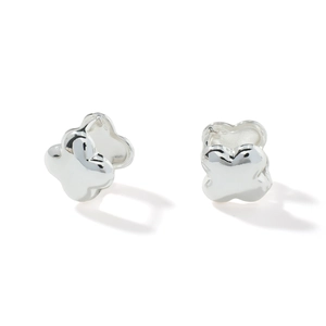 Minimalist silver four-leaf clover stud earrings for women on a clean white background