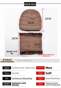 Detailed size chart for men's winter knitted hat and neck warmer set with fleece lining