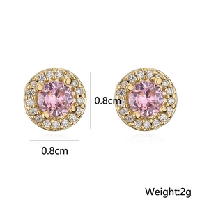 Detailed view of pink zircon gold stud earrings showing 0.8cm size and 2g weight