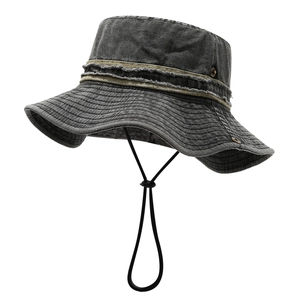Unisex washed canvas sun hat with adjustable chin strap for outdoor camping and hiking
