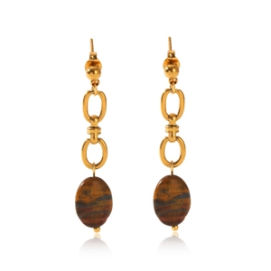 Macro detail of gold-plated drop earrings with polished oval tiger eye stone pendants