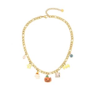 Gold Cuban chain necklace with Halloween pumpkin, ghost, and bat charms on white background