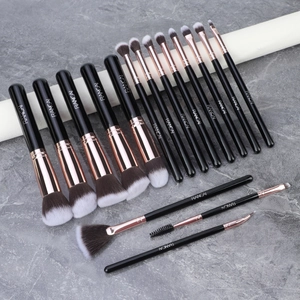 Detail of professional 20pcs black and rose gold makeup brush set with synthetic bristles