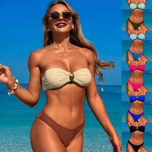 Three-piece bikini set with tube top, low waist bottoms and beach shorts in multiple colors