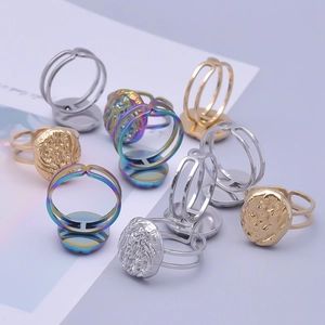 Adjustable 304 stainless steel ring base with hammered circular texture for DIY jewelry