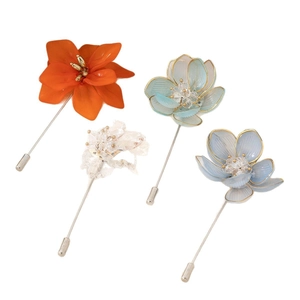 Elegant floral long brooch set with matte petals and metallic pins in four colors