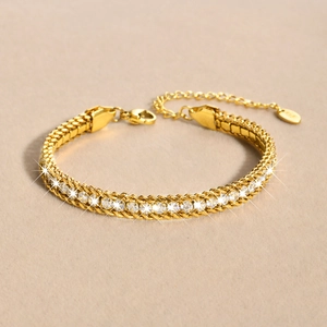 Three-layer 18K gold plated stainless steel bracelet with cubic zirconia accents