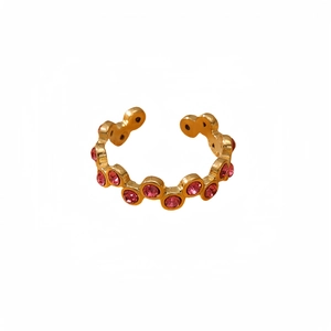 Minimalist 18k gold plated open ring for women with pink zircon round stone inlay