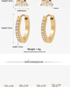 Detailed dimensions of gold clover stud and hoop earrings with zircon stones and weight
