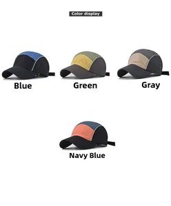 Detail view of cotton 5-panel baseball caps in blue, green, gray and navy colorways