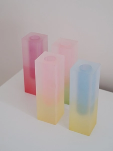 Set of four rectangular frosted acrylic vases in gradient pastel colors for home decor