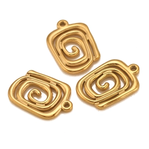 Detailed view of three gold rectangular spiral vortex charms with polished metal finish