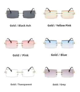 Frameless rectangular sunglasses available in six vibrant gradient colors with gold frames