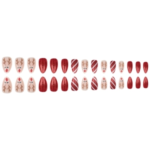 Christmas almond press-on nails featuring red glitter, candy stripes, and reindeer designs
