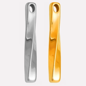 Detailed view of twisted minimalist bar pendants in gold and silver stainless steel
