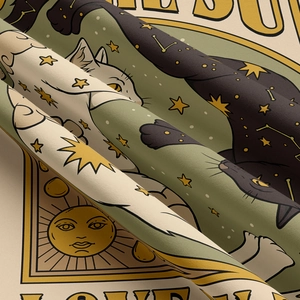 Detail of vintage cat sun tarot tapestry showing durable twill fabric texture and print