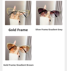 Three cat-eye glasses styles including gold clear lenses and gradient grey/brown metal frames