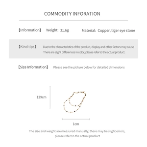 Detailed spec sheet showing tiger eye stone necklace size 129cm and weight 31.6g