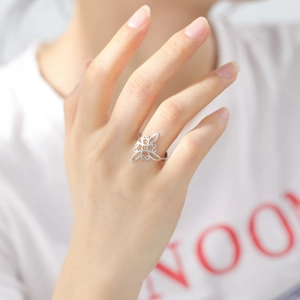 Silver stainless steel open ring with geometric hollow pattern on female model hand