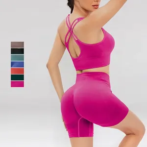 Femme Top And Bottom Sans Couture Côtelé Dos Croisé Brassière de Sport Taille Haute Push Up Shorts Ensemble de Yoga Sport