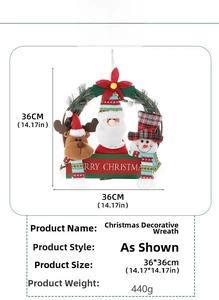 Christmas wreath detail with plush Santa, reindeer, snowman and Merry Christmas sign